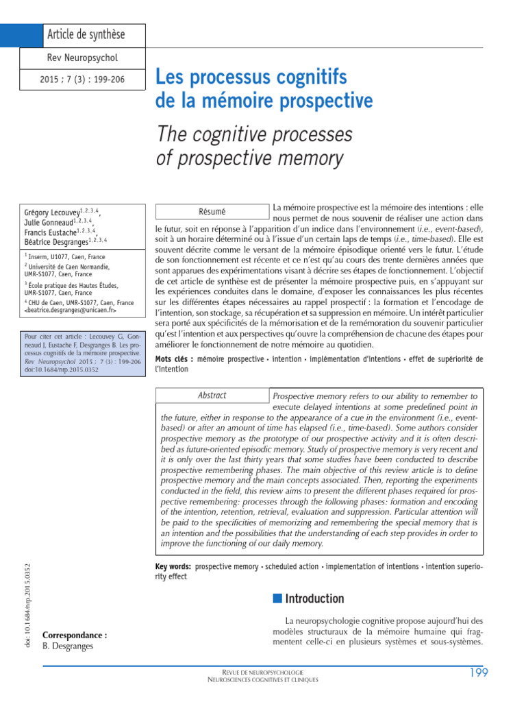 Processus cognitifs de la mémoire prospective | PDF | Mémoire ...