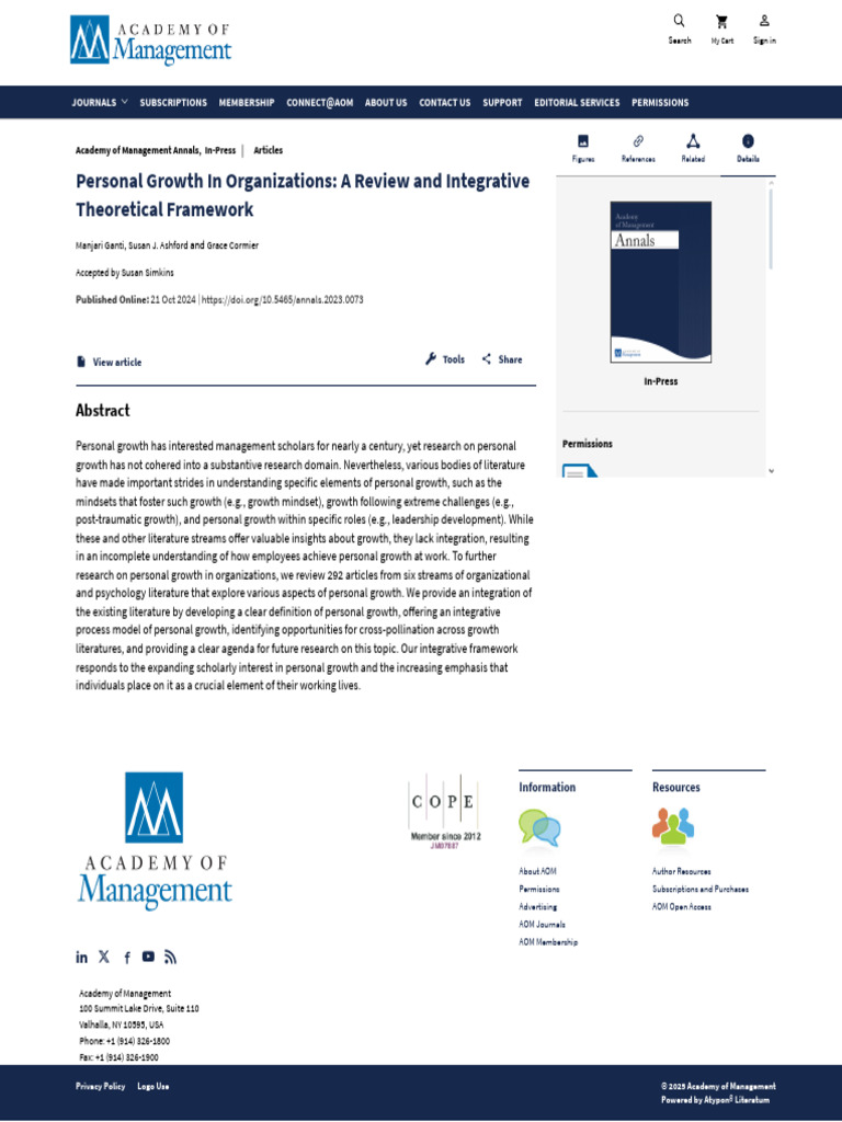 Personal Growth in Organizations - A Review and Integrative Theoretical ...