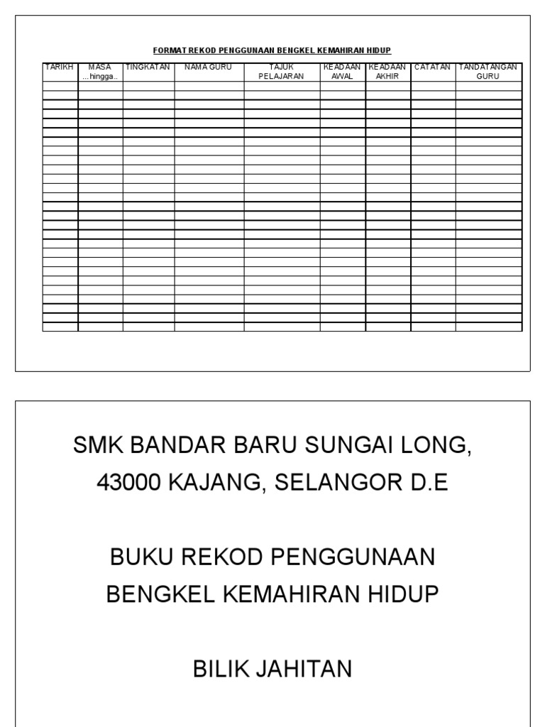 Format Rekod Penggunaan Bengkel Kemahiran Hidup Pdf