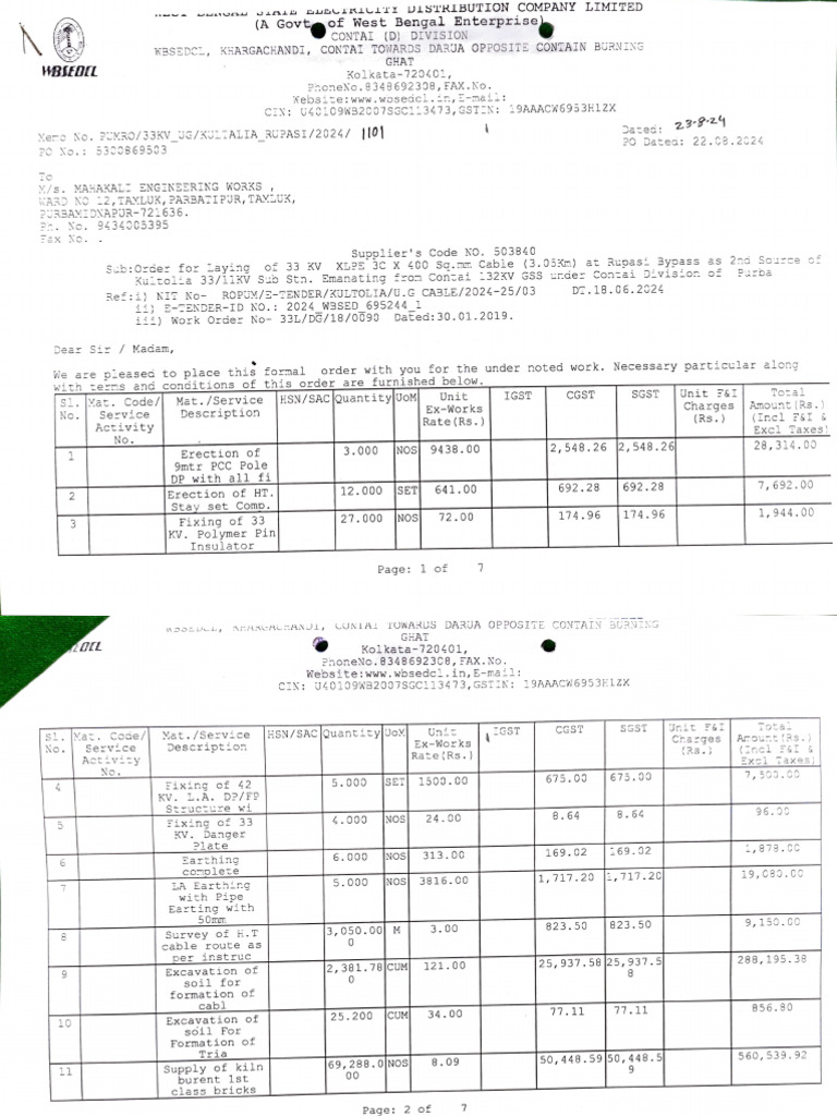 33 KV Cable Laying Work Order Details | PDF | Services (Economics ...