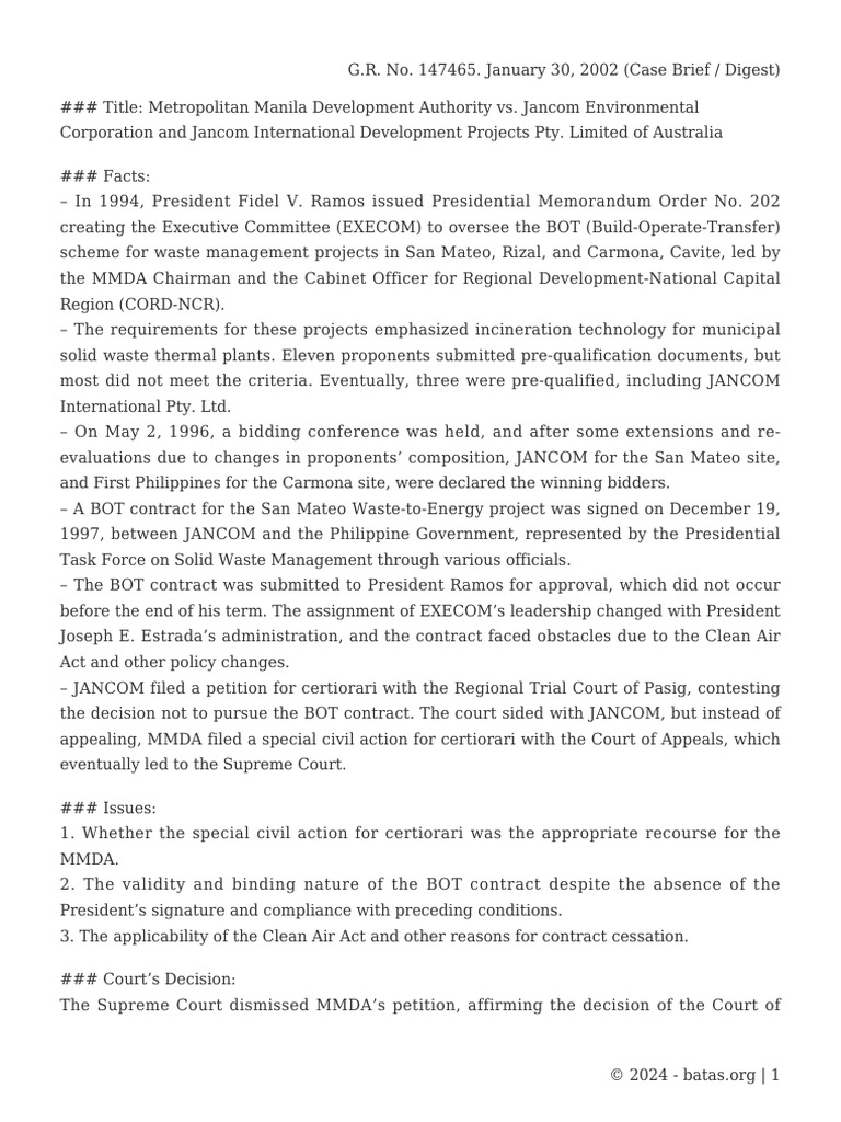 MMDA vs. JANCOM: BOT Contract Validity | PDF | Mandamus | Nuisance