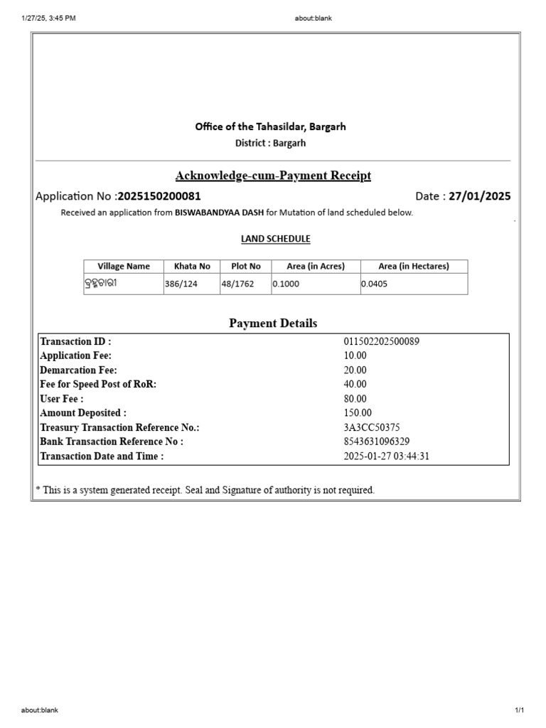 Bargarh Land Mutation Payment Receipt | PDF