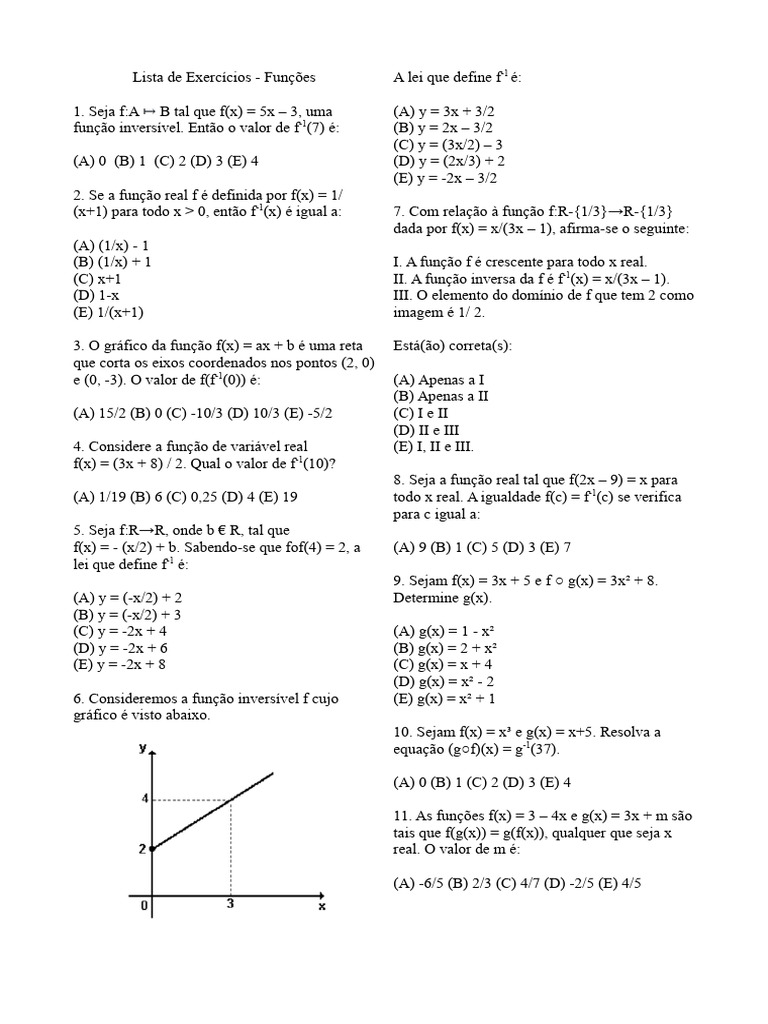 Exercícios sobre Funções e Inversas | PDF | Função (Matemática ...