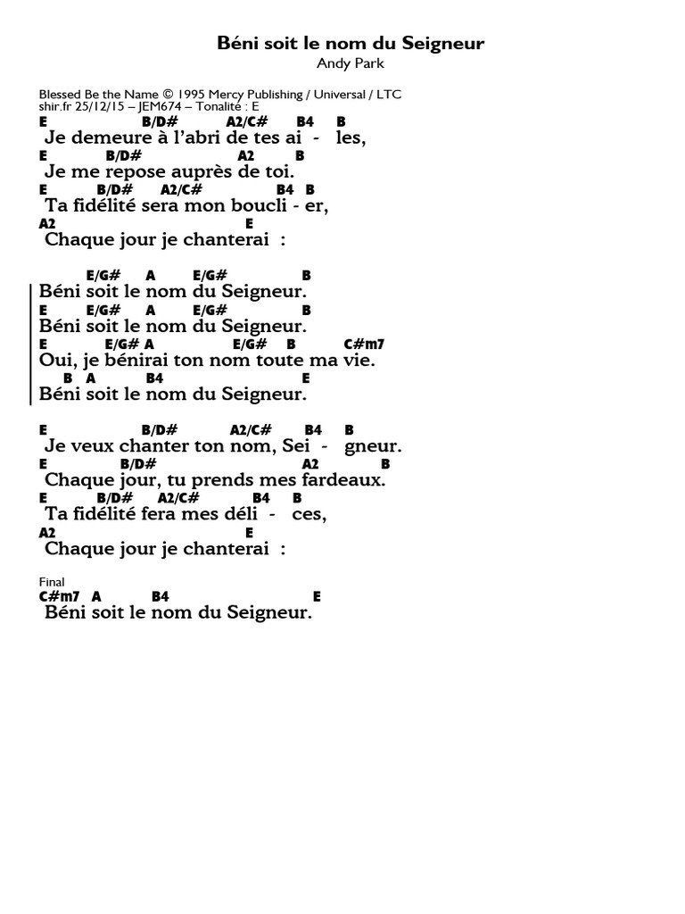 Béni soit le nom du Seigneur - Paroles | PDF