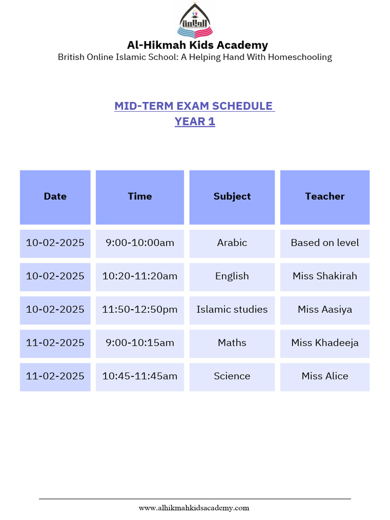Year 1 Mid-Term Exam Schedule 2025 | PDF