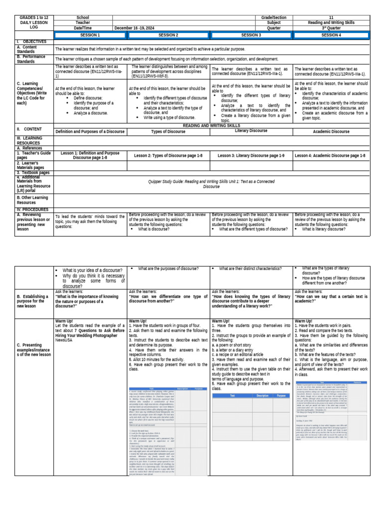 Reading and Writing Skills Lesson Plan | PDF | Learning | Discourse