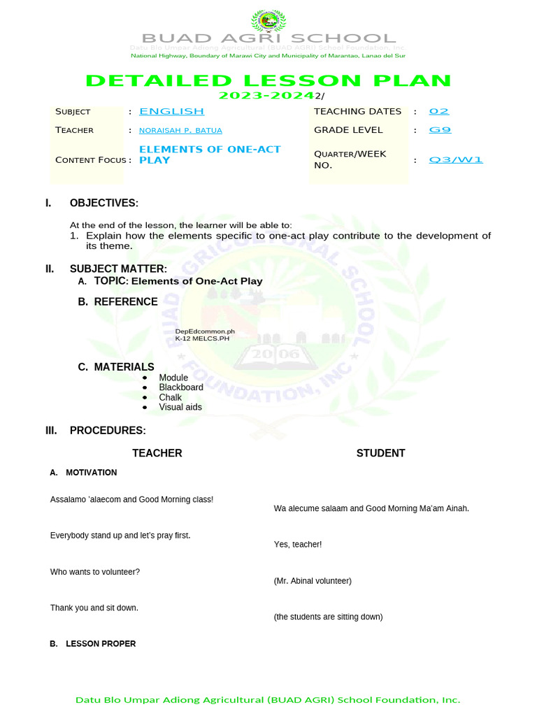 One-Act Play Lesson Plan for G9 | PDF | Plot (Narrative)