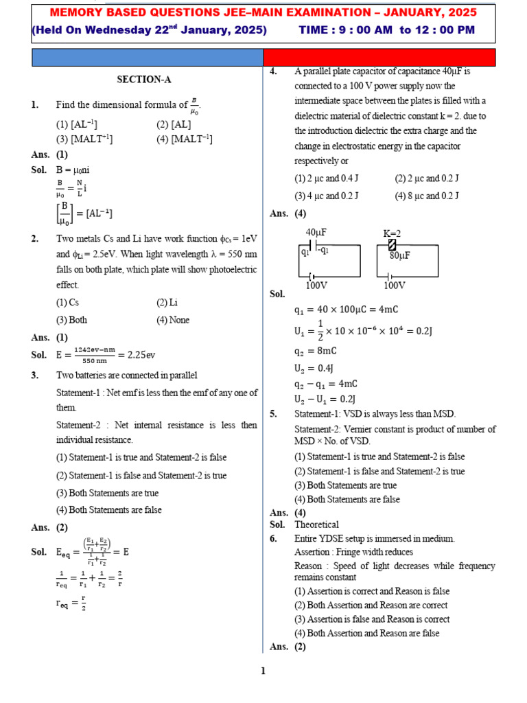 JEE Main 2025 Physics Memory Questions | PDF | Capacitor | Electron