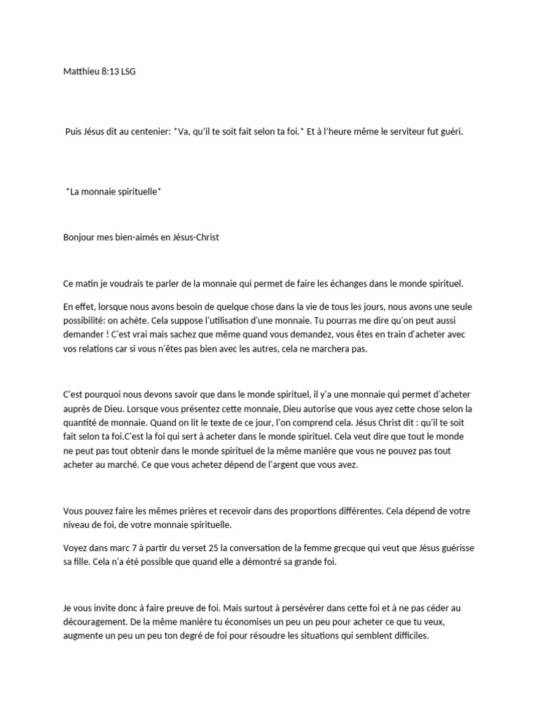 Monnaie Spirituelle et Foi | PDF