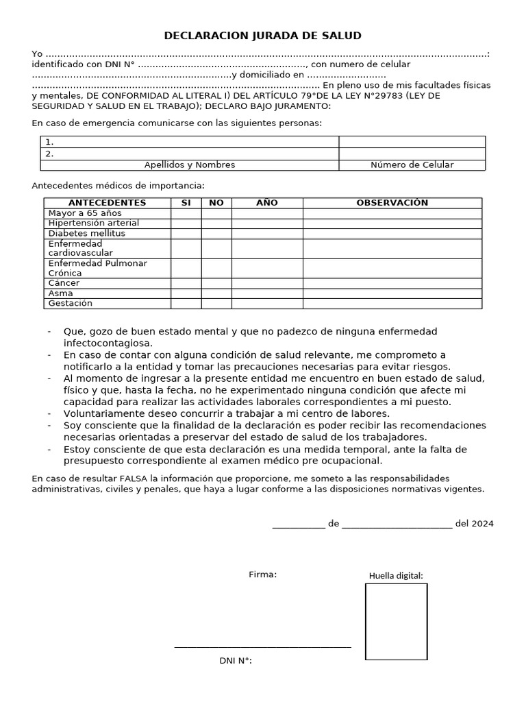 Declaracion Jurada de Salud | PDF | Medicina | Enfermedades y ...