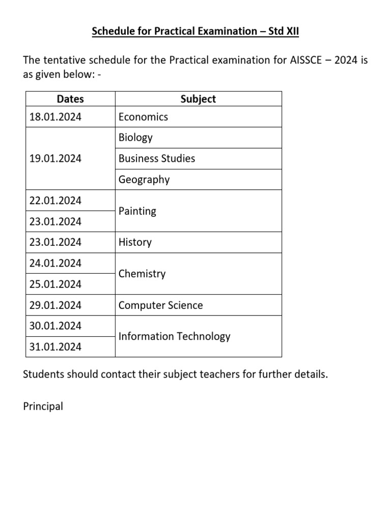 Schedule For Practical Examination - STD XII | PDF