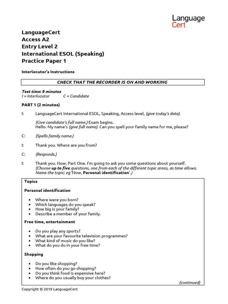LanguageCert PAPER1 A2 IESOL Speaking | PDF