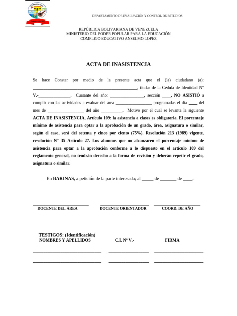 Acta de Inasistencia Escolar | PDF