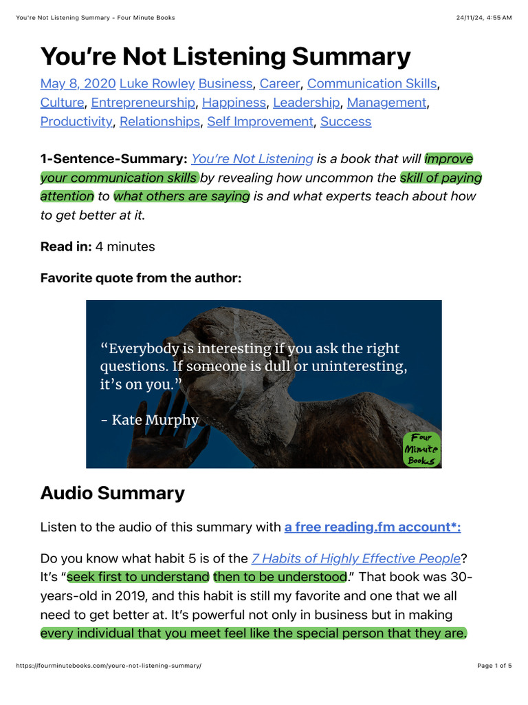 You're Not Listening Summary Four Minute Books PDF September 11