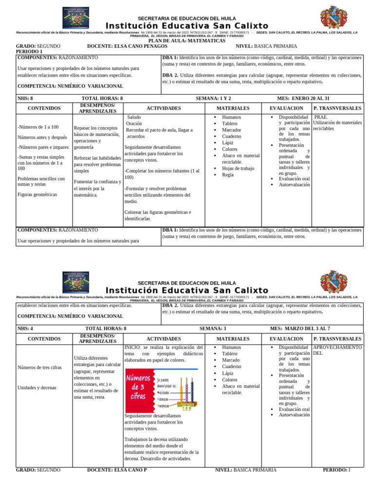 Plan de Aula Matemáticas Segundo Grado | PDF | Educación primaria ...