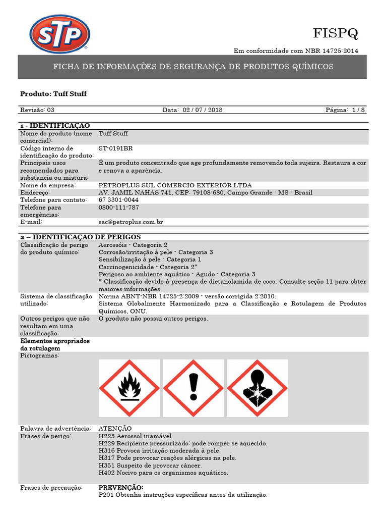 FISPQ Tuff Stuff: Segurança e Manuseio | PDF | Cloro | Combustão