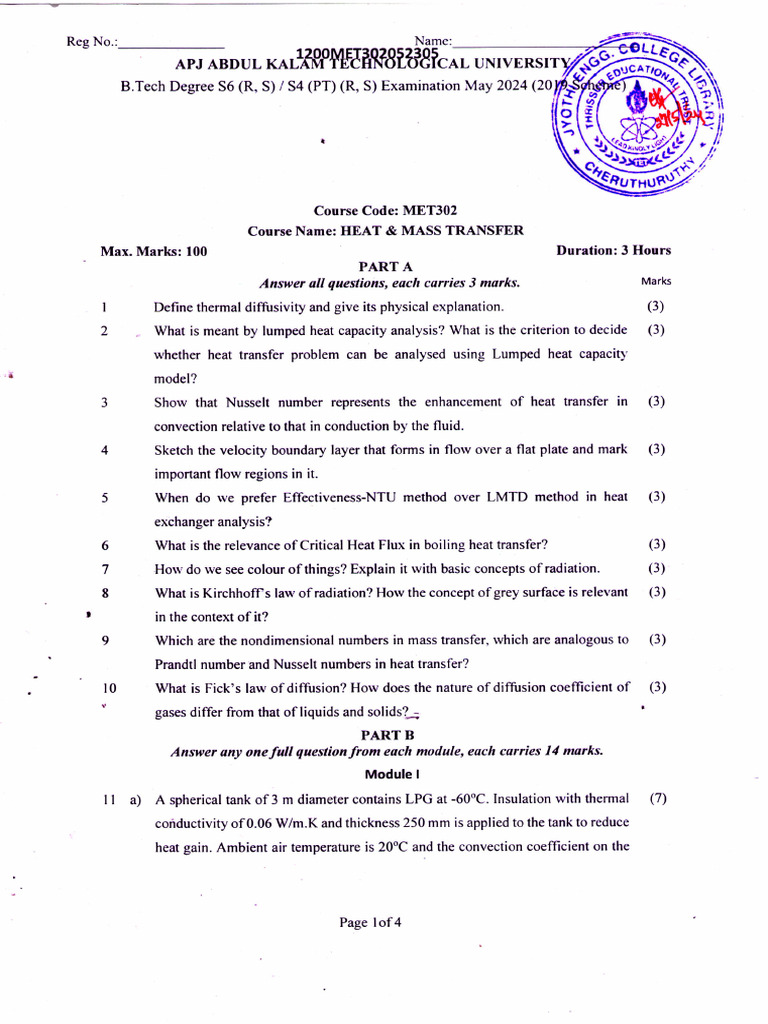 MET302 Heat & Mass Transfer Exam 2024 | PDF | Heat Transfer | Thermal ...