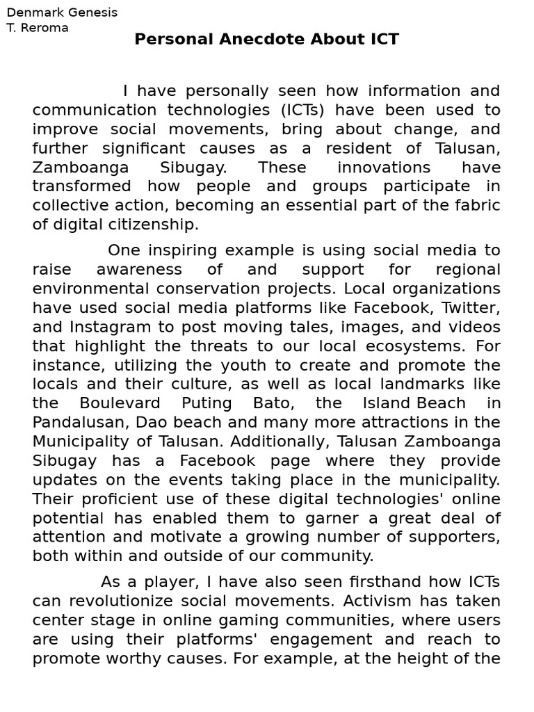 Personal Anecdote About Ict Pdf Social Media Popular Culture