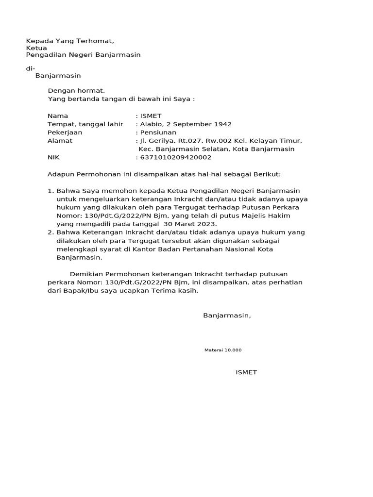 Permohonan Keterangan Inkracht Perkara | PDF