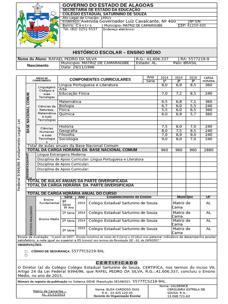Histórico Escolar de Rafael Pedro da Silva | PDF | Faculdade | Science
