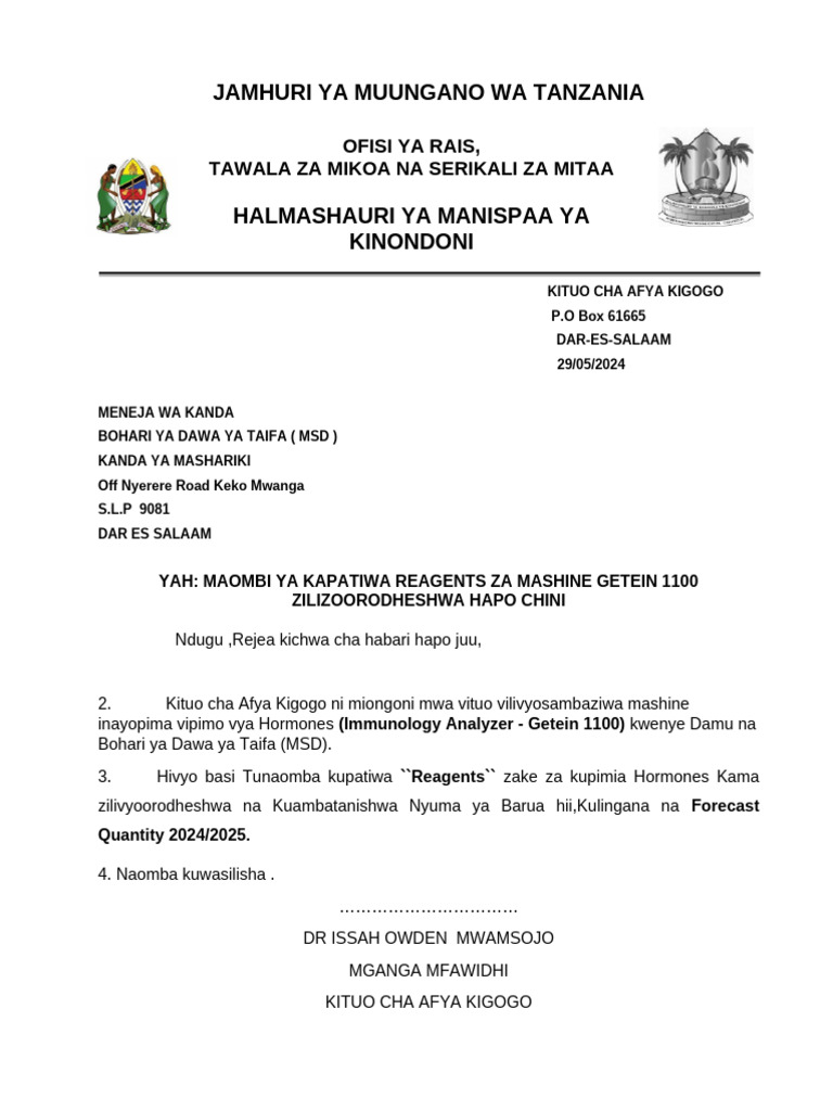 Barua Ya Kuomba Reagents Za Getein 1100 | PDF