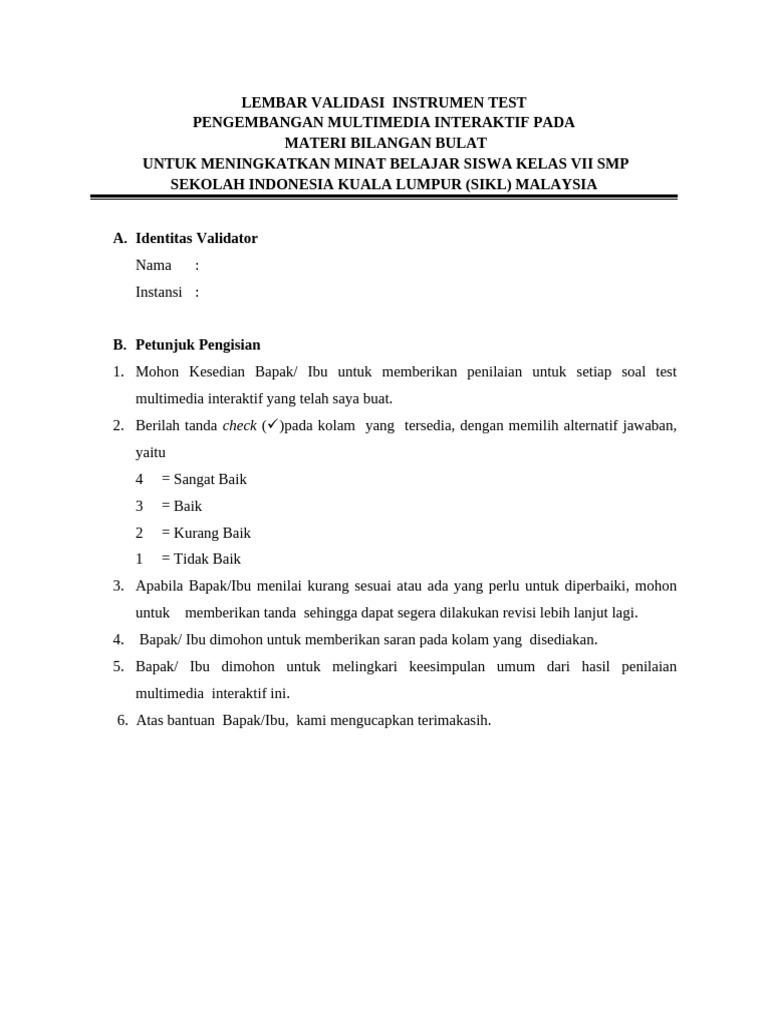 Validasi Instrumen Tes Multimedia Bilangan Bulat | PDF