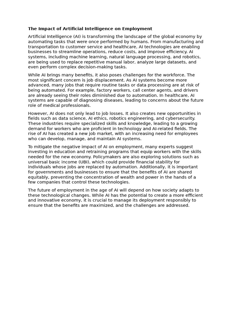 The Impact of Artificial Intelligence On Employment | PDF