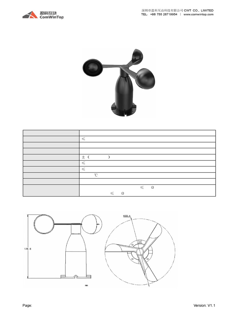 Wind Speed Sensor Manual CWT-SWS-A-A | PDF