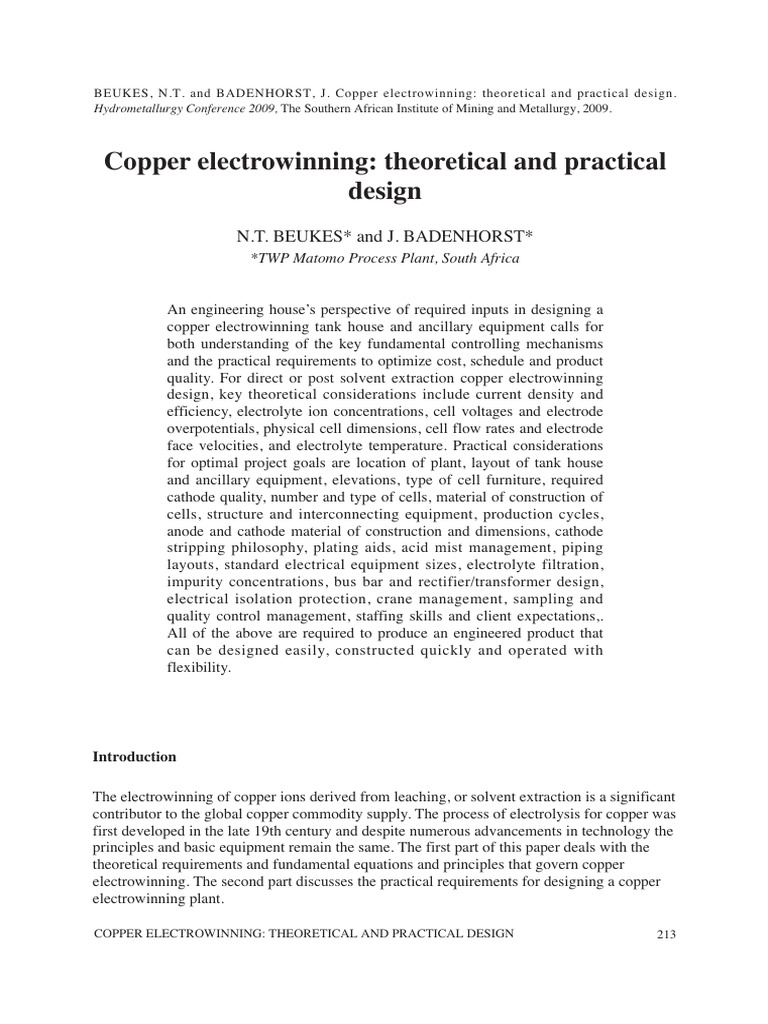 Copper Electrowinning Design Guide | PDF | Diffusion | Electrochemistry