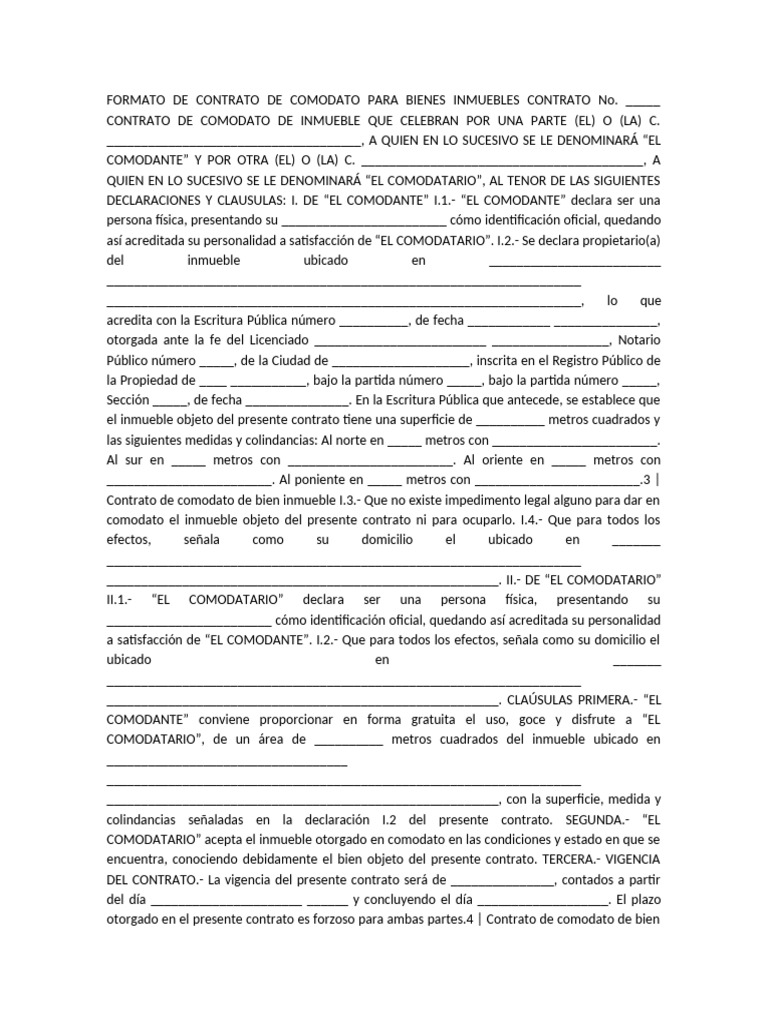 FORMATO DE CONTRATO DE COMODATO PARA BIENES INMUEBLES CONTRATO No | PDF ...