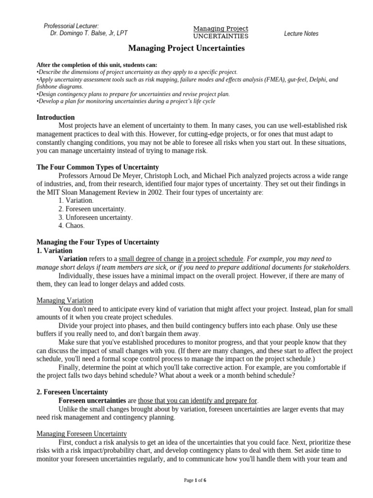 Managing Unforeseen Project Uncertainties | PDF | Risk | Risk Management