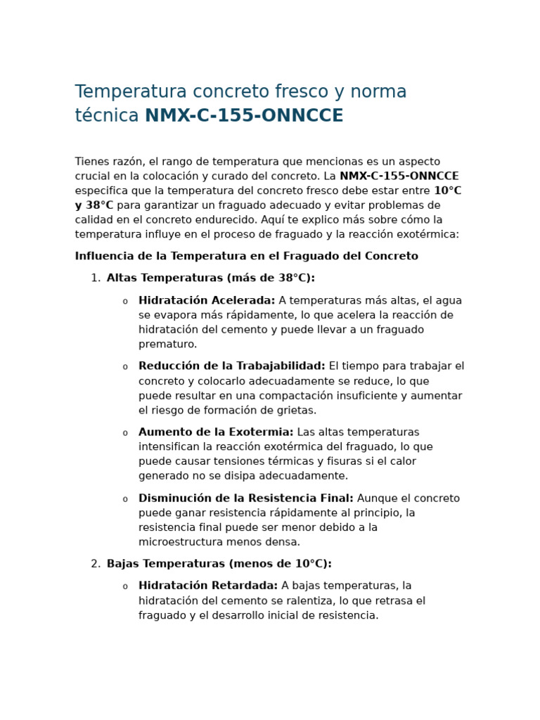 Temperatura del Concreto Fresco y Normas | PDF | Hormigón | Cemento