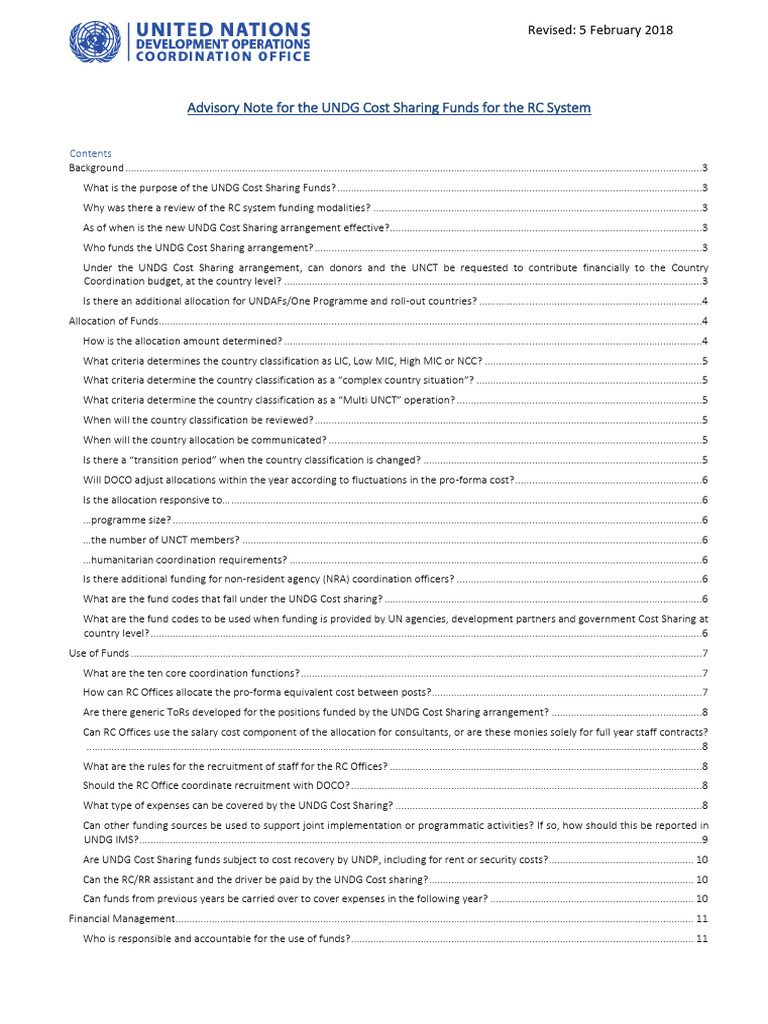 Advisory Note For UNDG Cost Sharing of The RC System | PDF | United ...