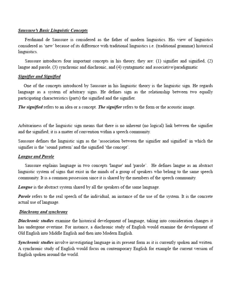 Saussure's Linguistic Theory Explained | PDF | Linguistics | Cognitive ...