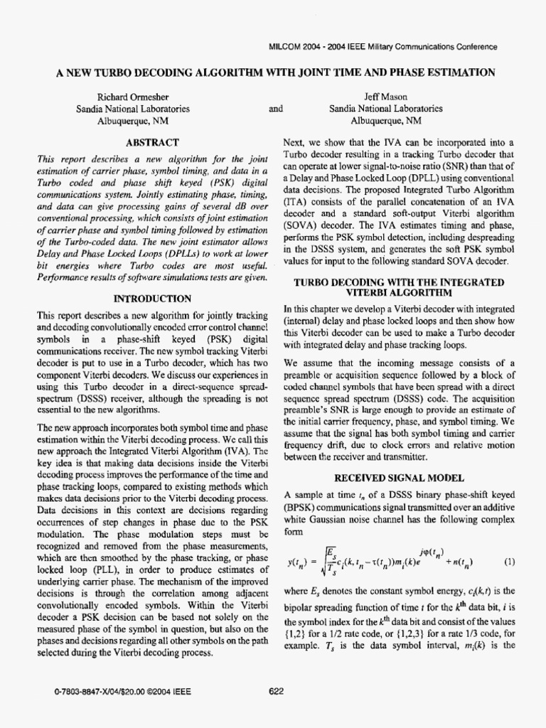 A New Turbo Decoding Algorithm With Joint Time and Phase Estimation. R ...
