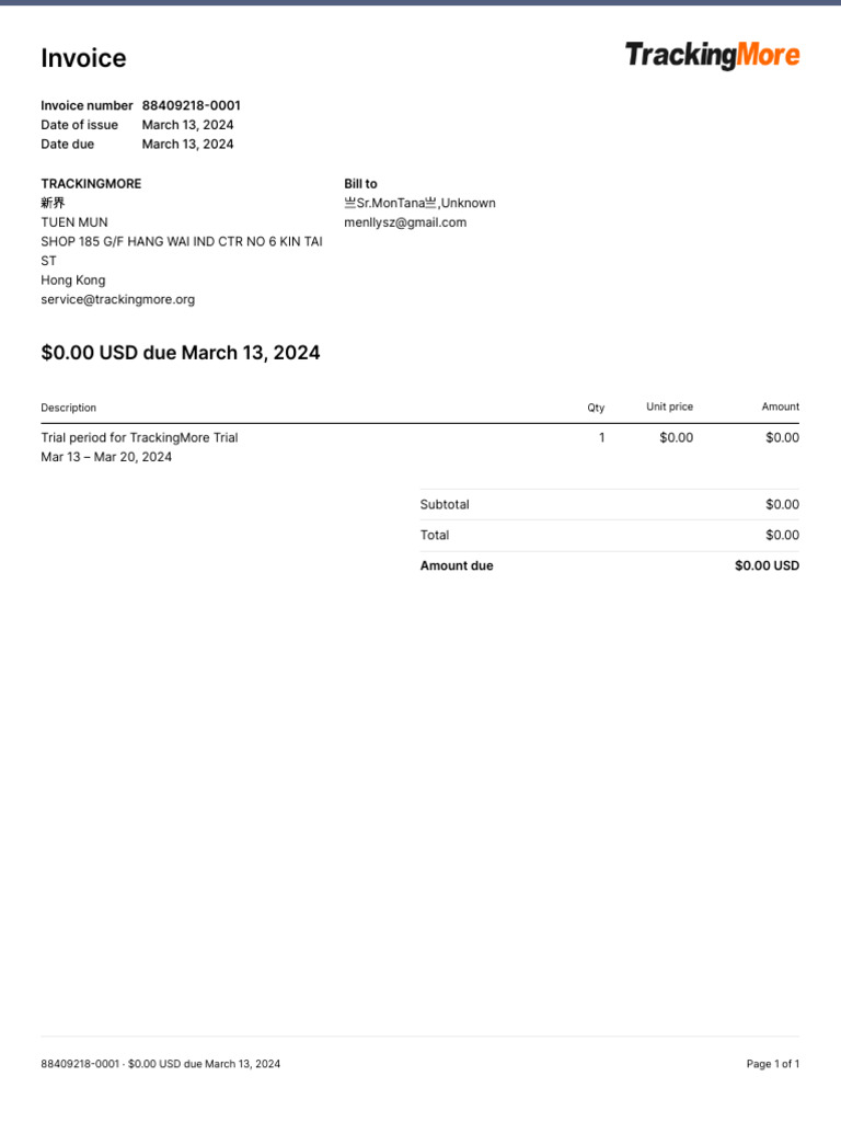 Invoice for TrackingMore Trial Period | PDF