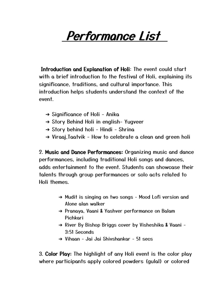 Holi Celebration Performance Schedule | PDF | Cuisine | Foods