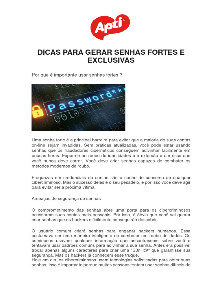 Dicas para Criar Senhas Fortes e Seguras | PDF | Phishing | Crimes ...
