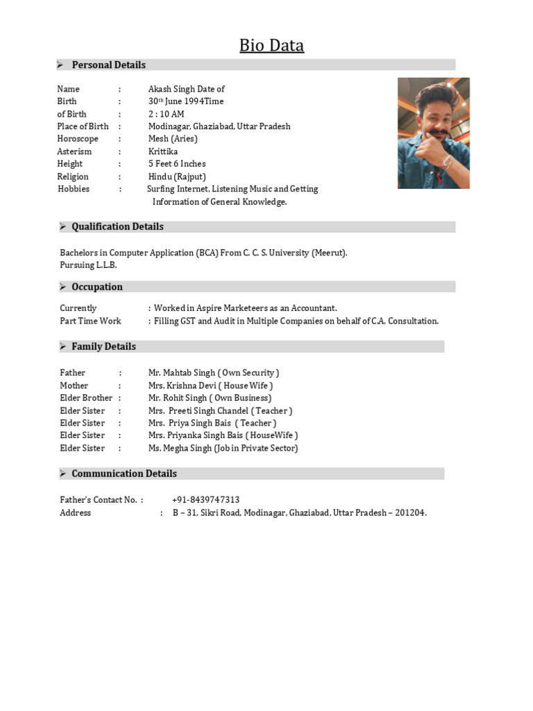 Akash Singh Bio Data Overview | PDF