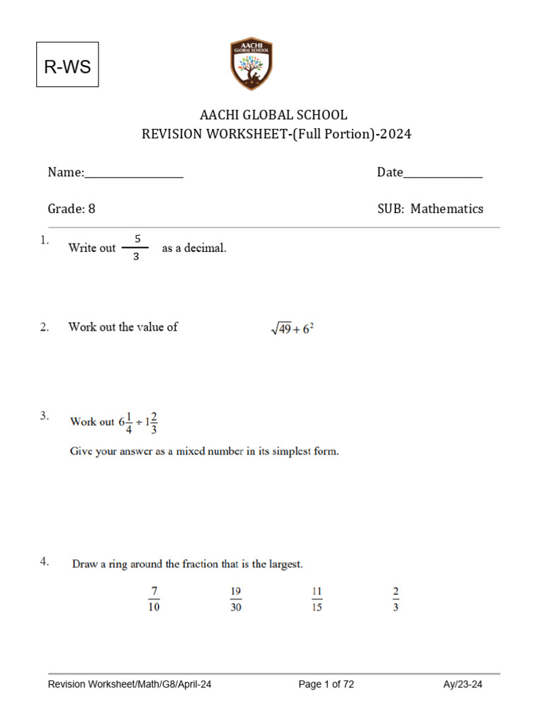 G8 Math Revision Worksheet 2024 | PDF | Triangle | Geometry