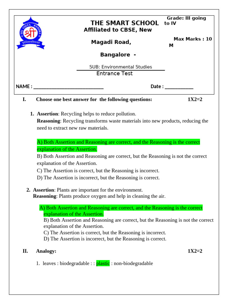 Answer Key Entrance Exam Grade 4 Evs 24 25 Pdf Plants