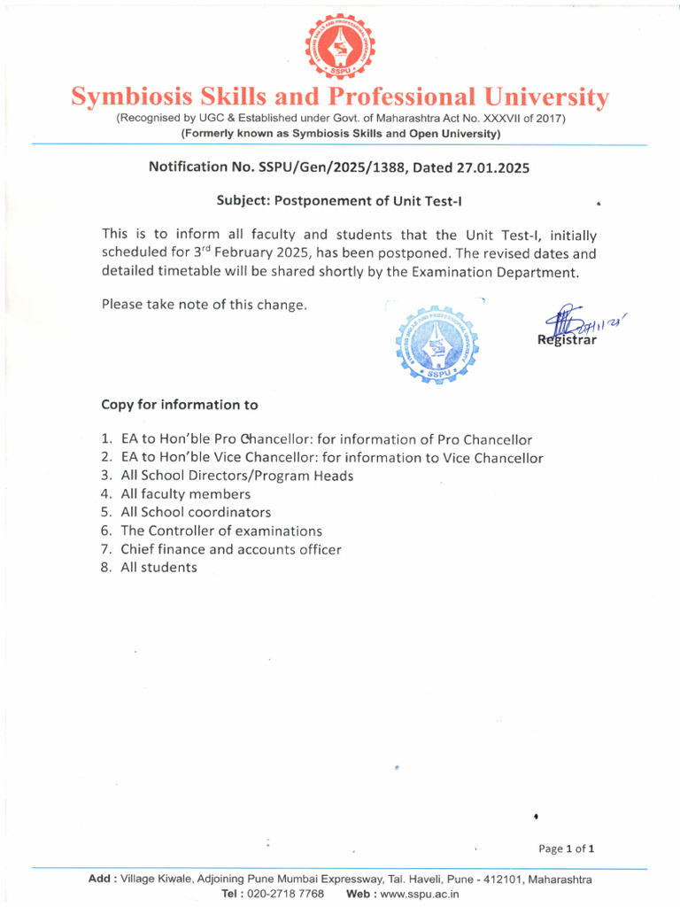 Unit Test-1 Postponement Notice | PDF