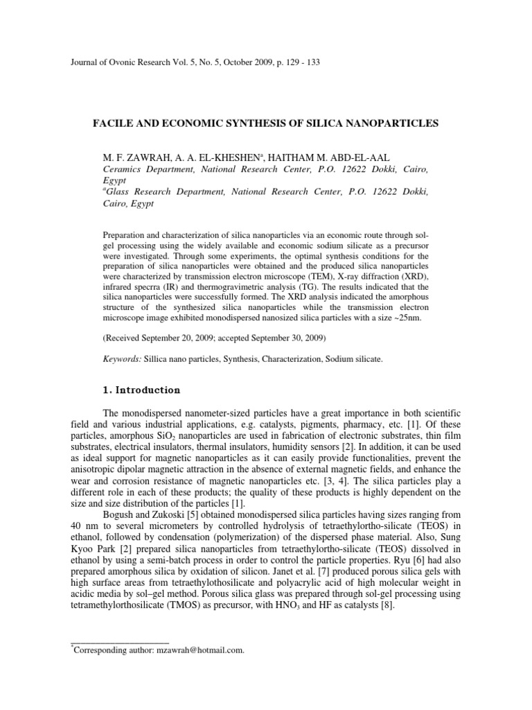 Facile and Economic Synthesis of Silica Nanoparticles | PDF ...