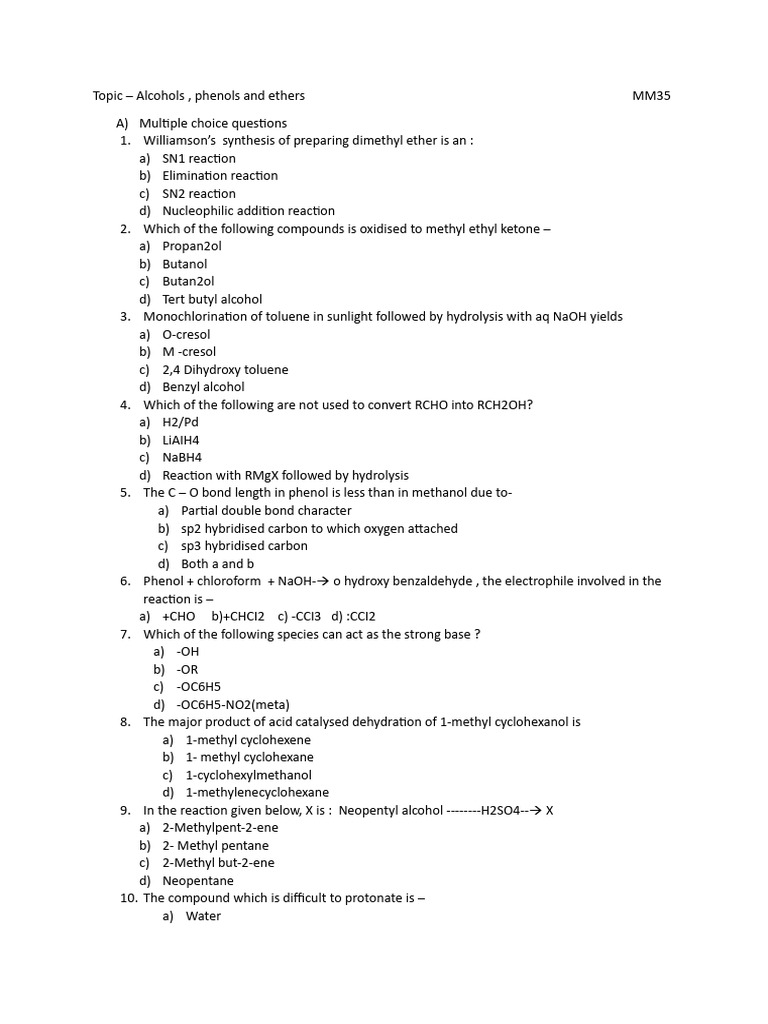 Alcohols, Phenols, and Ethers Quiz | PDF | Ether | Methyl Group