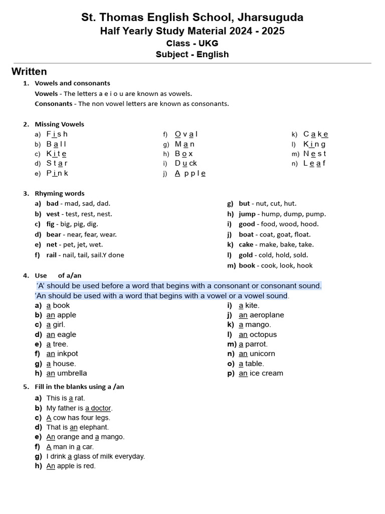 UKG English Study Material 2024-2025 | PDF | Human Voice | Linguistics