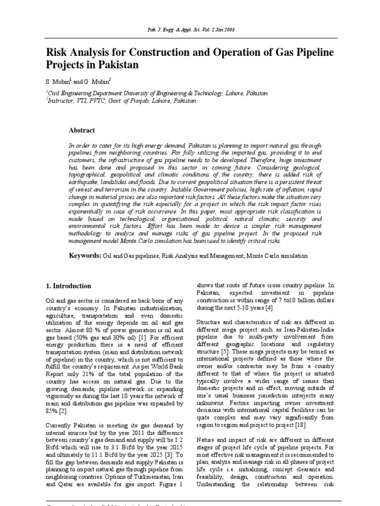 Risk Analysis For Construction and Operation of Gas Pipeline Projects ...