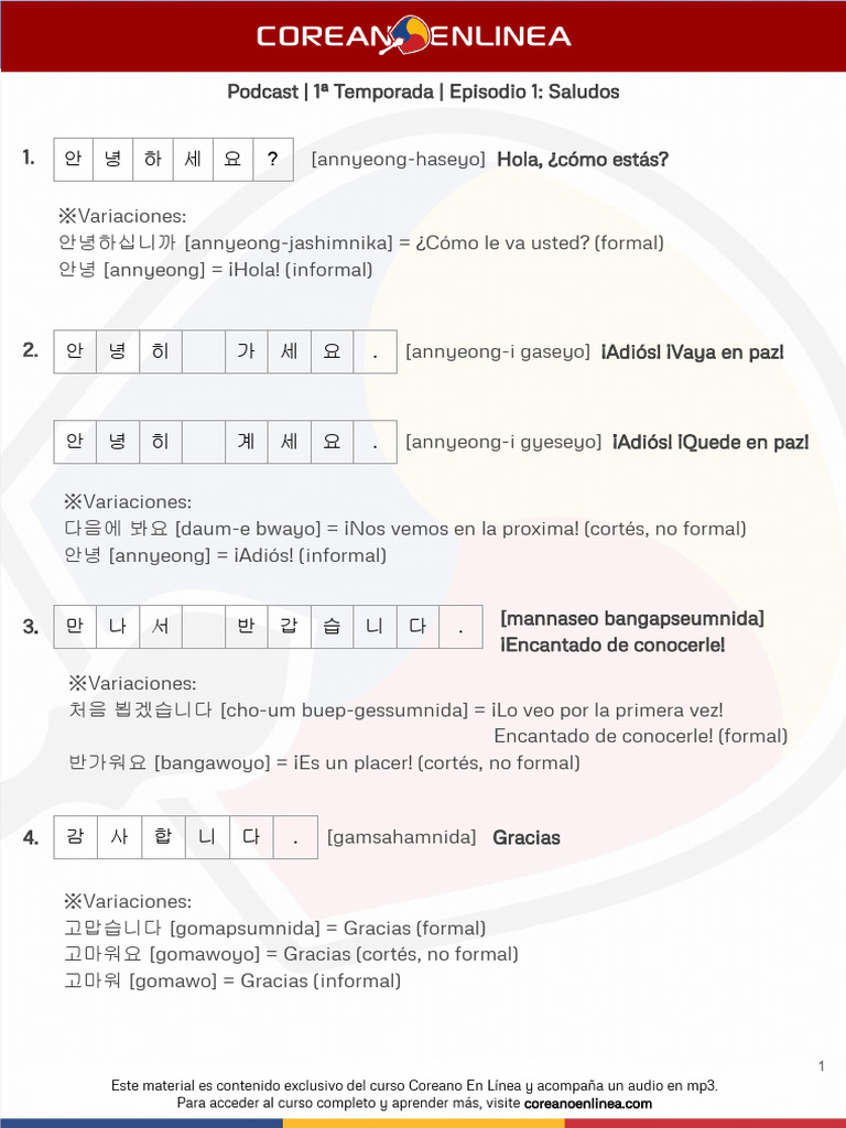 Podcast Coreano en Linea - P001 - Saludos - Material | PDF