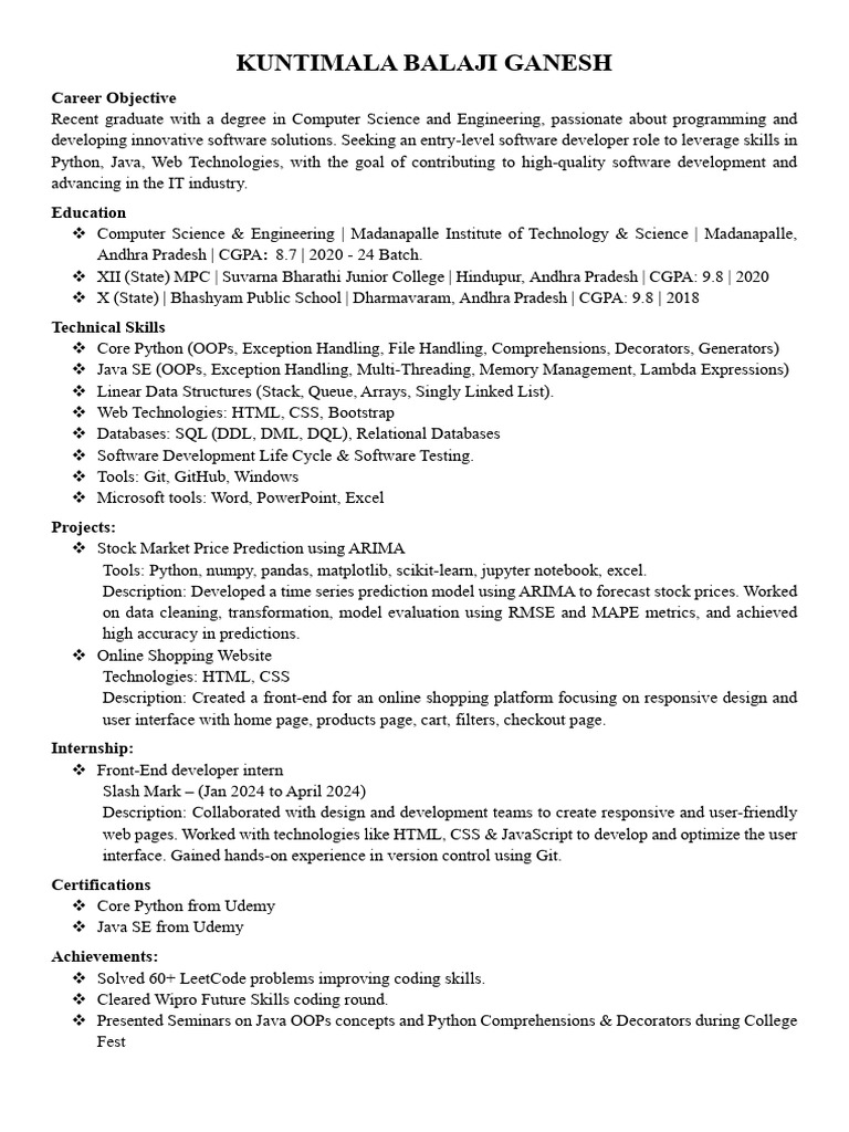 Software Developer Resume: Kuntimala Ganesh | PDF | Java (Programming ...