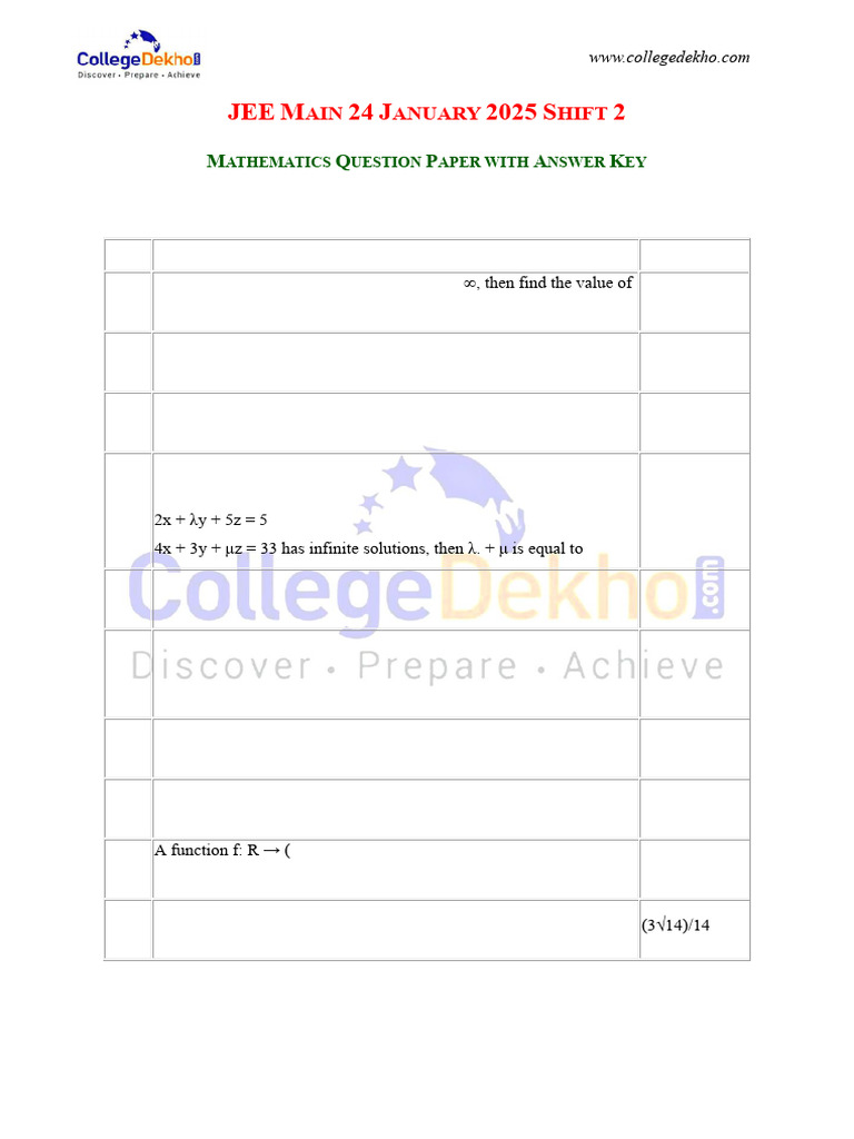 Jee Main 24 Jan 2025 Mathematics Shift 2 Question Paper | PDF ...