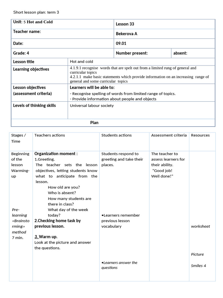 Grade 4 Lesson Plan: Hot and Cold | PDF | Curriculum | Vocabulary
